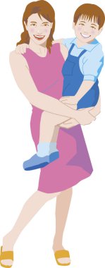 Beyaz tenli anne ve oğul gülümsüyor. 