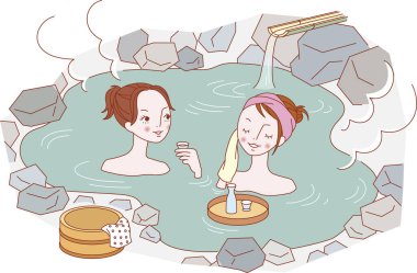 Spa banyosunun tadını çıkaran iki kadın. renkli sanat çizimi 