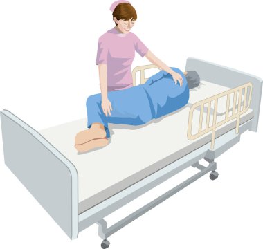 Hastane yatağında hastaya yardım eden bir hemşirenin renkli bir çizimi..