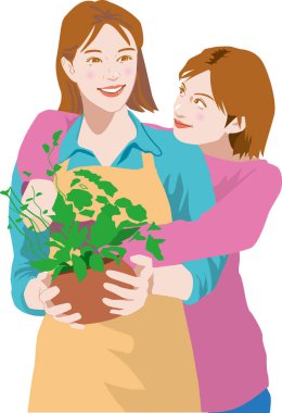 Beyaz arkaplanda çiçekli resimli anne ve kız 