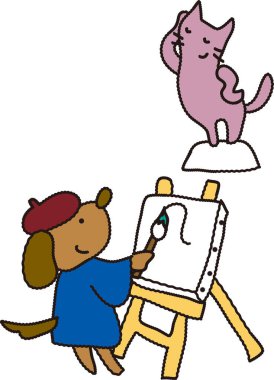 Beyaz arka planda kedi çizimi yapan sevimli bir köpek. 