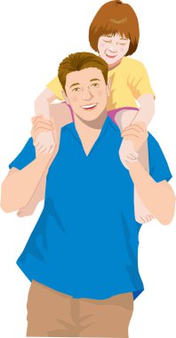 Gülümseyen adam omuzlarında genç bir kız taşıyor.