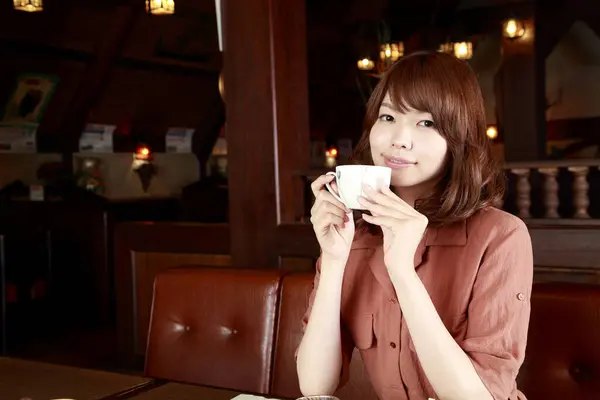 Redhead Japanese Woman Working Cafe Portrait Beauty Businesswoman Drinking Coffee — Stock Photo, Image