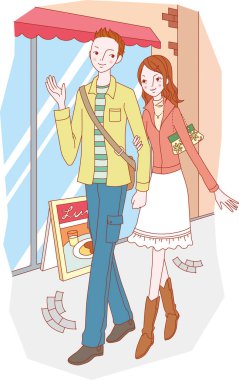 Kadın ve erkek şehir caddesinde yürüyor. 