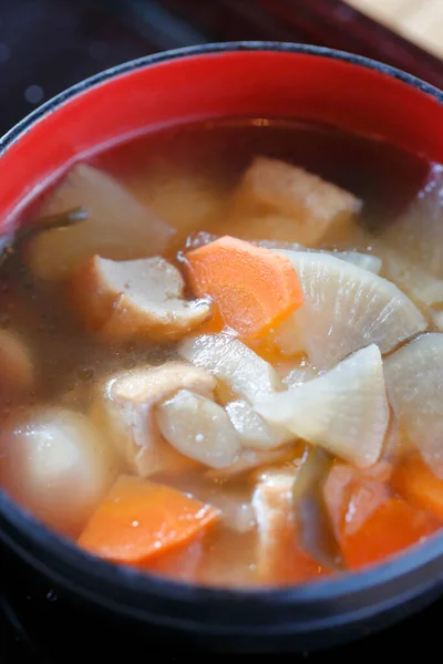 stock image Asian soup with chicken and vegetables, close up