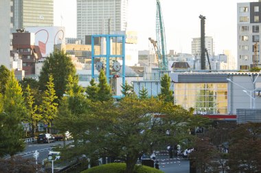 Tokyo şehir manzaralı trafik ve yeşil ağaçlar, Japonya