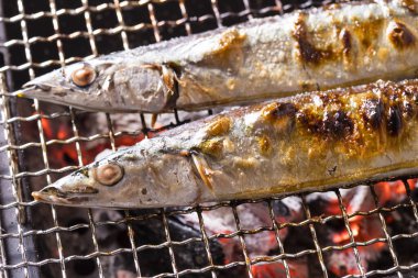 Izgarada balık pişirmek, manzarayı kapatın.