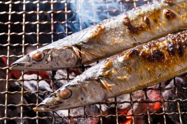 Izgarada balık pişirmek, manzarayı kapatın.