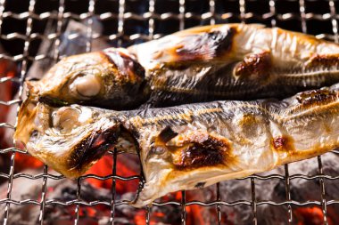 Izgarada balık pişirmek, manzarayı kapatın.