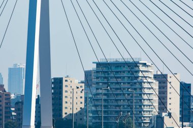 Tsukudukushima, Chuo-ku, Tokyo, Japonya. Yazın Tsukuda Adası manzarası. Sumida Nehri ve Köprüsü.