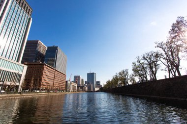 Güneşli bir günde ve nehirde modern şehir mimarisi