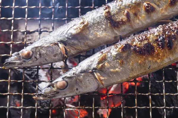Kochen Von Fisch Auf Dem Grill Nahsicht Stockbild