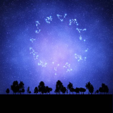 Colorful night sky with glowing shapes over a silhouette of trees during a late summer evening clipart