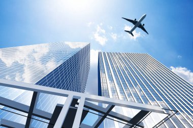 Modern gökdelenler ve gökyüzündeki uçak, illüstrasyon 