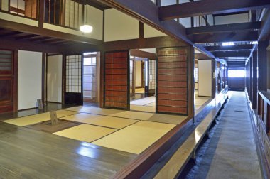 Geleneksel Japon iç mimarisi. Tatami paspaslar sürgülü kapılar tahta kirişler doğal ışıklandırma ferah koridorları.