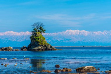 Koyun kayalık adası ve dağlarıyla güzel bir manzarası var. Toyama Körfezi, Japonya.     