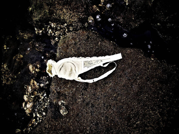 White Bra Discarded on Dark, Wet Coastal Rock