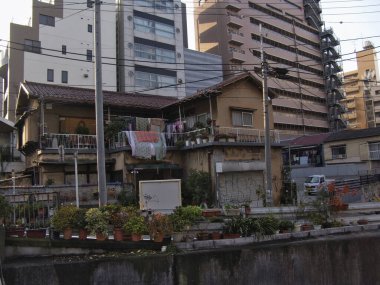 Modern binaların yakınında saksı bitkileriyle çevrili eski bir ev.