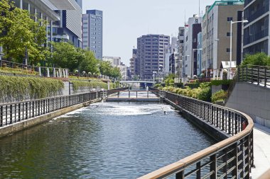 Gökyüzü altında modern binalar arasında akan şehir kanalı