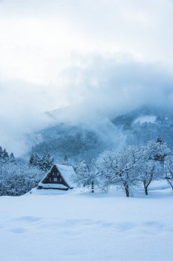 Shirakawago köyü - Japonya 'da kış manzarası. unesco Dünya Mirası