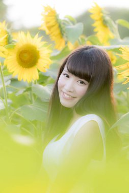 Ayçiçeği tarlasında güzel genç bir kadın 