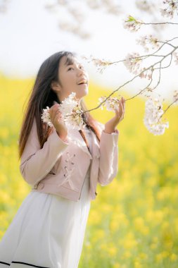 Parkta kiraz çiçekleri olan güzel Asyalı kadın.