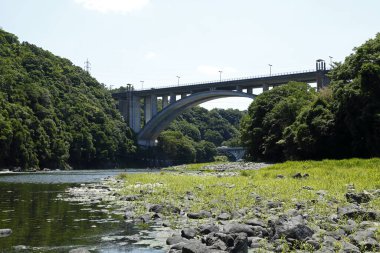Şehirdeki nehrin üzerindeki köprü doğa arka planında.