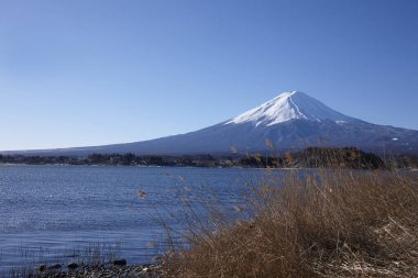 Yamanako Gölü ile Fuji Dağı 'nın güzel manzarası