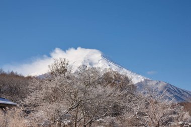 Japonya 'daki güzel karlı Fuji dağı manzarası