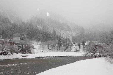 Karla kaplı ağaçlar ve nehirlerle kaplı güzel kış manzarası 