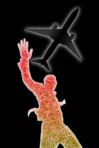 vector silhouette of a man with plane over dark background