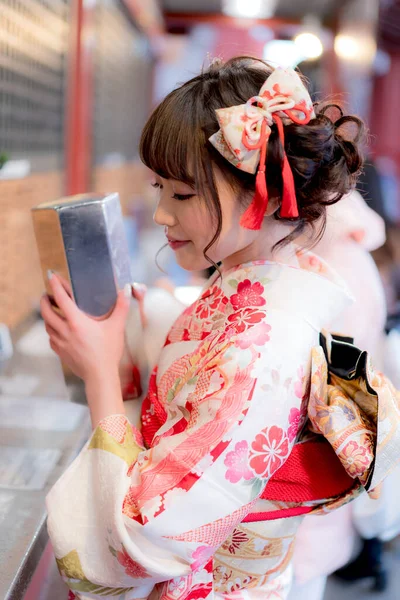 Vacker Japansk Kvinna Traditionell Klänning Snyggt Utomhusporträtt — Stockfoto