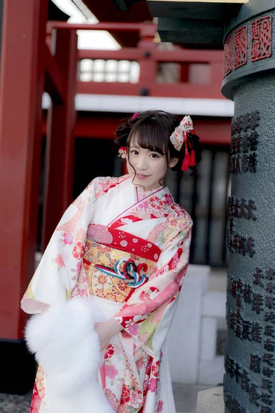Mulher Japonesa Bonita Vestindo Vestido Tradicional Retrato Exterior Elegante — Fotografia de Stock