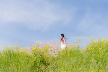 Kiraz çiçeği arkaplan manzaralı güzel genç kız. 