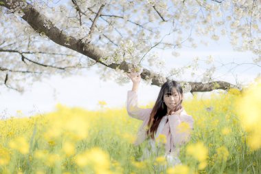 Parkta kiraz çiçekleri olan güzel Asyalı kadın.