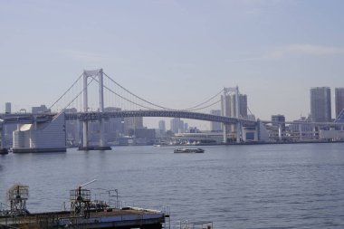 Modern şehir mimarisi, Tokyo, Japonya. Gökyüzü, köprü ve nehir güneşli bir günde 