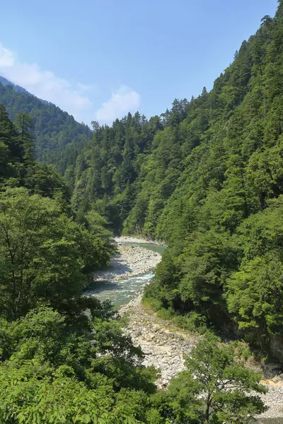 Rivière Rapide Réfléchissant Soleil Dans Vallée Montagne — Photo