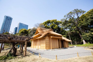 Geleneksel ahşap bina ağaçlar ve modern gökdelenlerle çevrili.