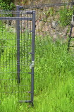 Uzun yeşil çimlerin arasında açık duran siyah metal kapı.