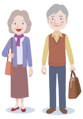 Gülümseyen yaşlı çift çantalarını birlikte taşıyor.