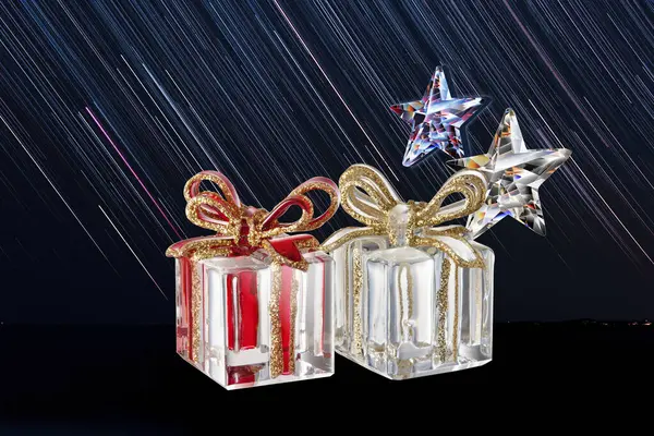 Κουτιά Δώρων Και Λαμπερά Αστέρια Χριστουγεννιάτικο Δώρο Διακοπές — Φωτογραφία Αρχείου