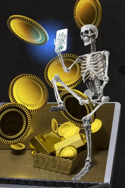 Złote Monety Ludzką Czaszką Telefonem — Zdjęcie stockowe