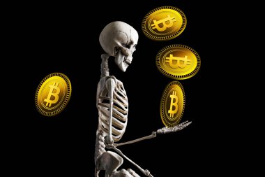 İskelet ve bitcoin, kripto para kavramı.