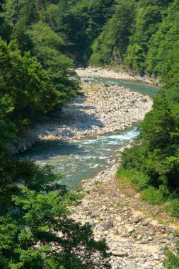 Dağ vadisinde güneşi yansıtan hızlı nehir.