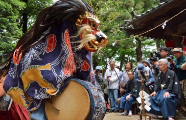 Dans eden insanların parlak kostümler giydiği bir Japon festivali. Nanbu Ryotsuji Aslan Dansı. Japonya 'da Saitama Şehri Tarım Festivali