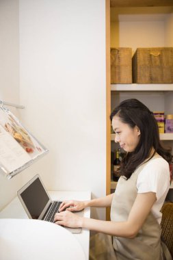 genç güzel kadın evde dizüstü bilgisayar kullanarak 