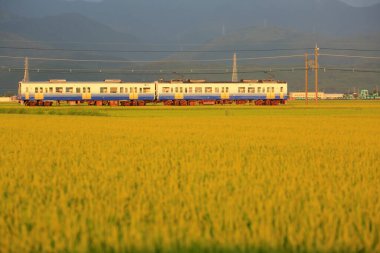 Tren demiryolunda ilerliyor.