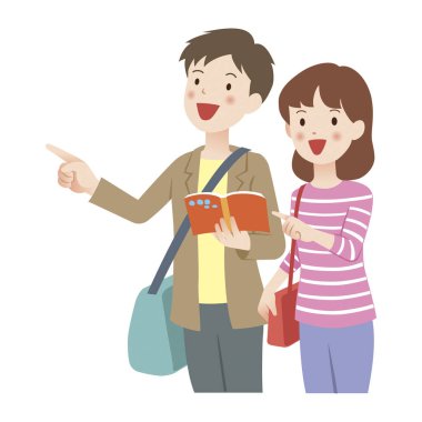 Birlikte gezerken rehber kitap okuyan gülümseyen bir çift.