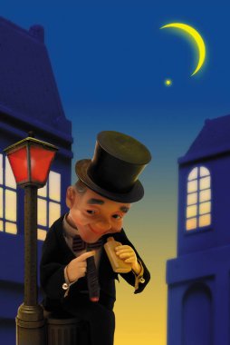 Gece şehrinde karikatür erkek karakterinin 3 boyutlu çizimi 