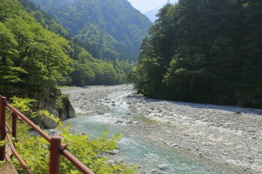 Dağ vadisinde güneşi yansıtan hızlı nehir.